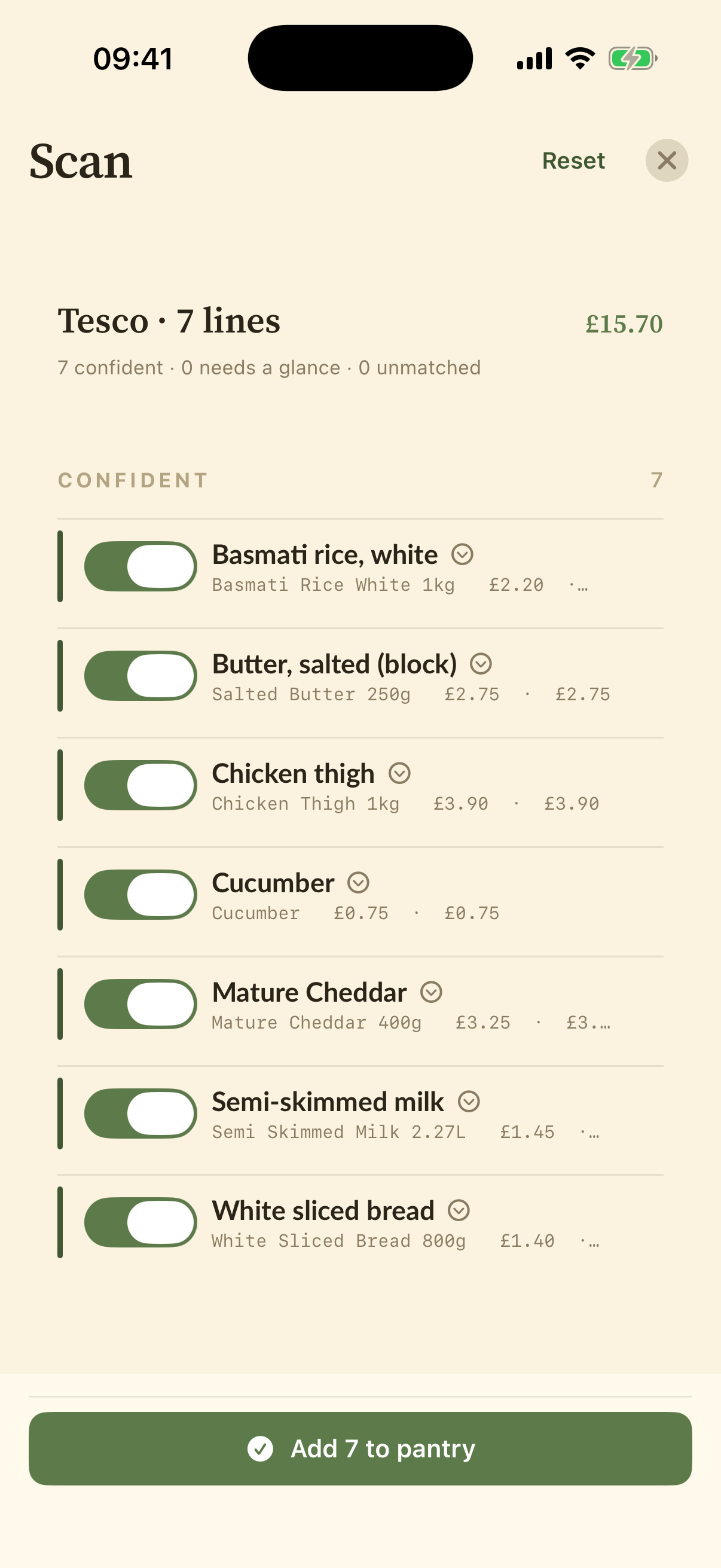 iGarde receipt review with matched food lines awaiting confirmation